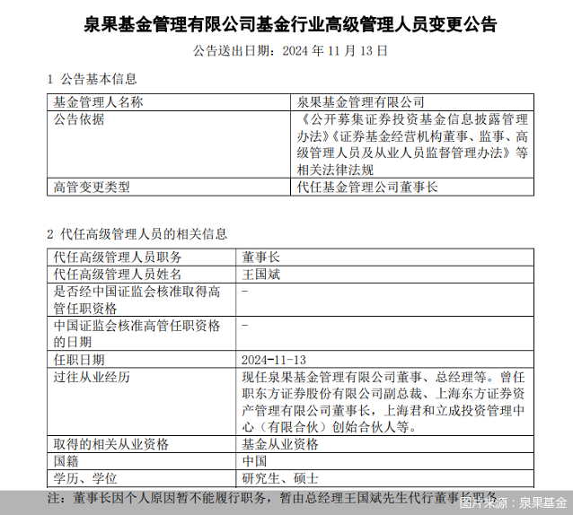 泉果基金董事长任莉因个人原因暂不能履职,此前被传失联