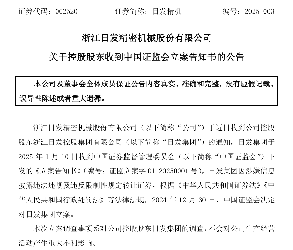 002520,控股股东被证监会立案!