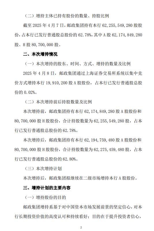 邮储银行：邮政集团拟12个月内继续增持A股股份