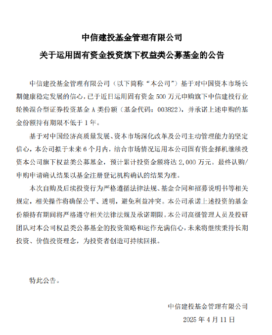 中信建投基金拟出资2000万元自购旗下权益类公募基金