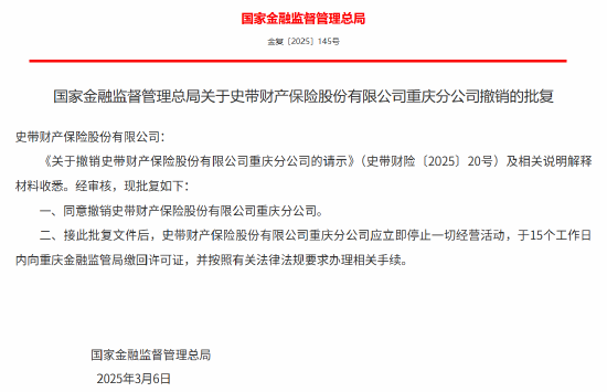 史带财险获批撤销湖北分公司、重庆分公司