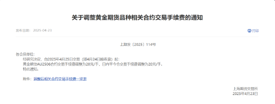 上期所:黄金期货AU2506合约交易手续费调整为20元/手