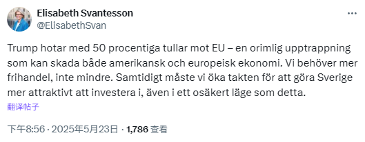 瑞典财政部长:特朗普对欧盟的关税是不合理行为