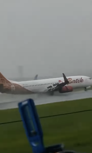 惊险一幕！印尼巴迪航空一架波音737客机着陆时因天气恶劣险些坠毁