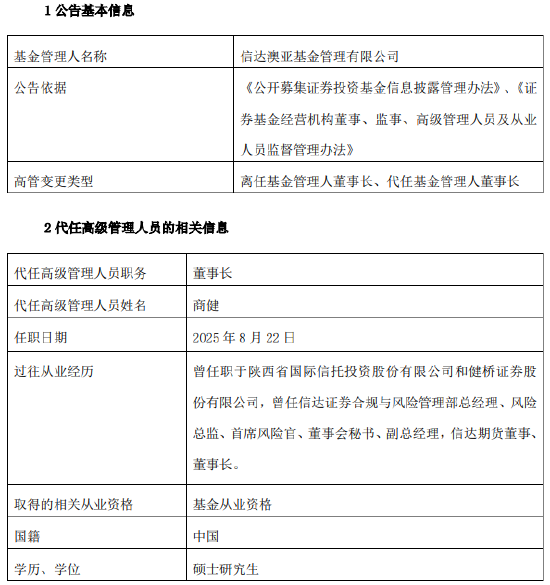 六年规模激增十倍！信达澳亚基金董事长祝瑞敏离任 风控老将商健“代班”需解双重挑战